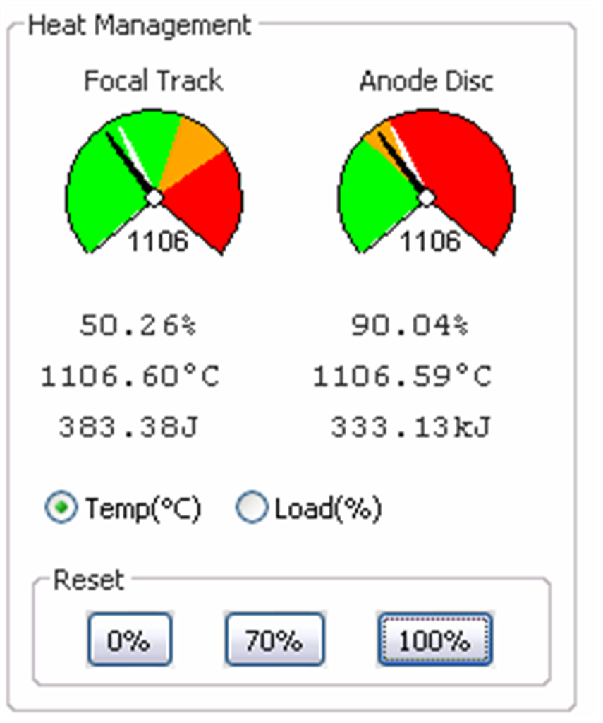 The peak temperature (or loading) is shown by a white needle on the dials, the current temperature (or loading) is the black needle. The tube cools in real time - but can be reset to 0%, 70% or 100% using the buttons.