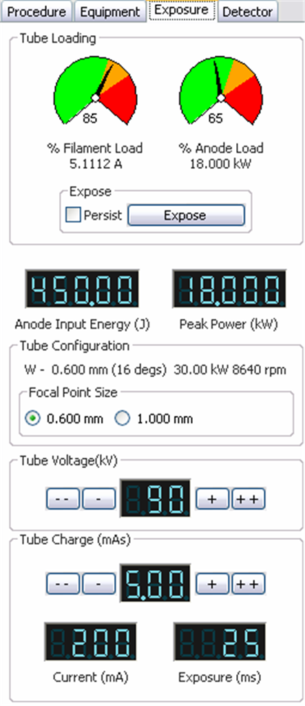 The familiar exposure factors can be set here, mAs and kVp. The tube ratings charts are used to show filament and anode loadings. The Exposure button has a 'persist' option to allow more than one spectrum to be displayed on the graph for comparisons.