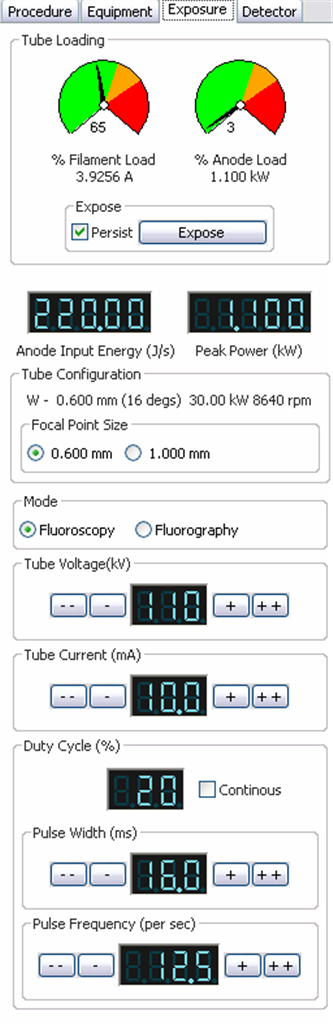 Special procedure machines have a more complicated control panel. The exposure can be set to be either 'fluoroscopy' (which is usually low mA and high pulse rate) or fluorography (which is high mA and lower pulse rates, except for cardiac angiography). The number of pulses per second can be set; the exposure time can't be set, but the 'width' of each pulse can.