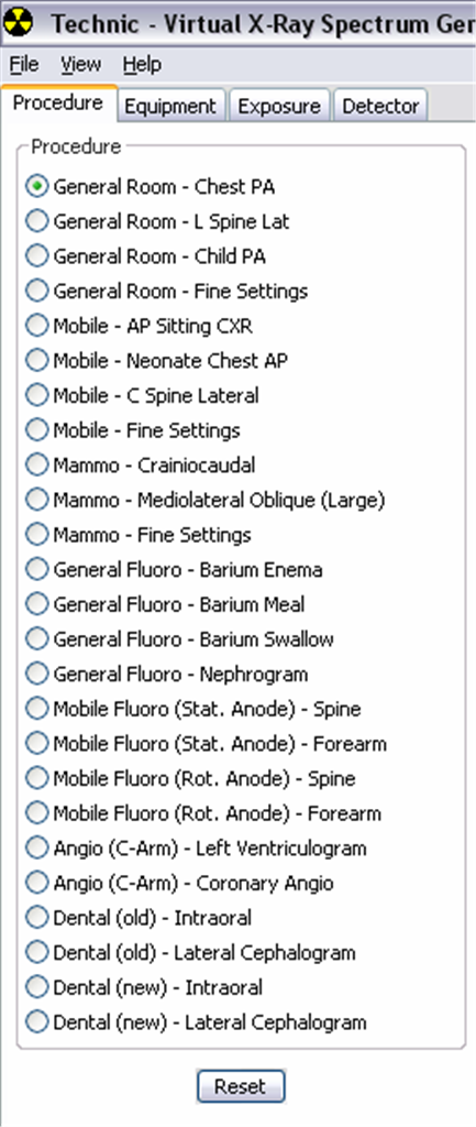 On the left, 4 tabs are visible (Procedure, Equipment, Exposure and Detector); this is the procedure tab which allows fast setup of various procedures.