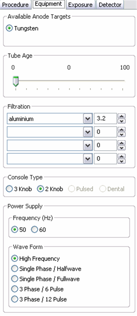 The equipment tab. This is populated by the procedure selection, but can be fine tuned by the user. There are over 40 different selectable filter materials. The tube can be 'aged' and here the type of generator can be chosen. The choice of mAs or mA and S settings on the Exposure tab is made here.