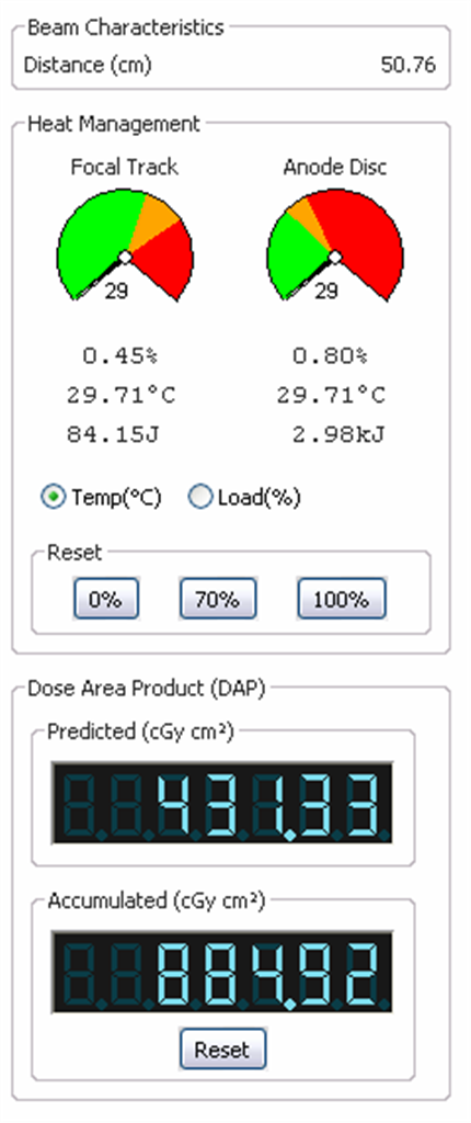 The right hand panel shows the 'Beam characteristics' (initially only the distance from the source to the detector), the heat in the tube, and the dose area product.